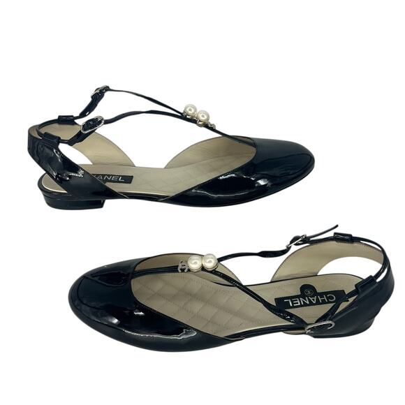 Chanel 2013 Black Patent Leather CC Pearl Slingback Flats - Picture 5 of 16